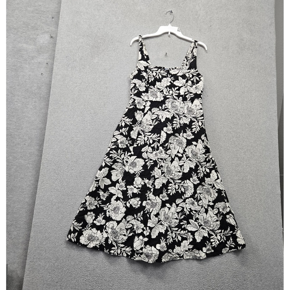 Old Navy Women Dress M Black Floral Midi Fit & Flare Cottagecore Linen Blend